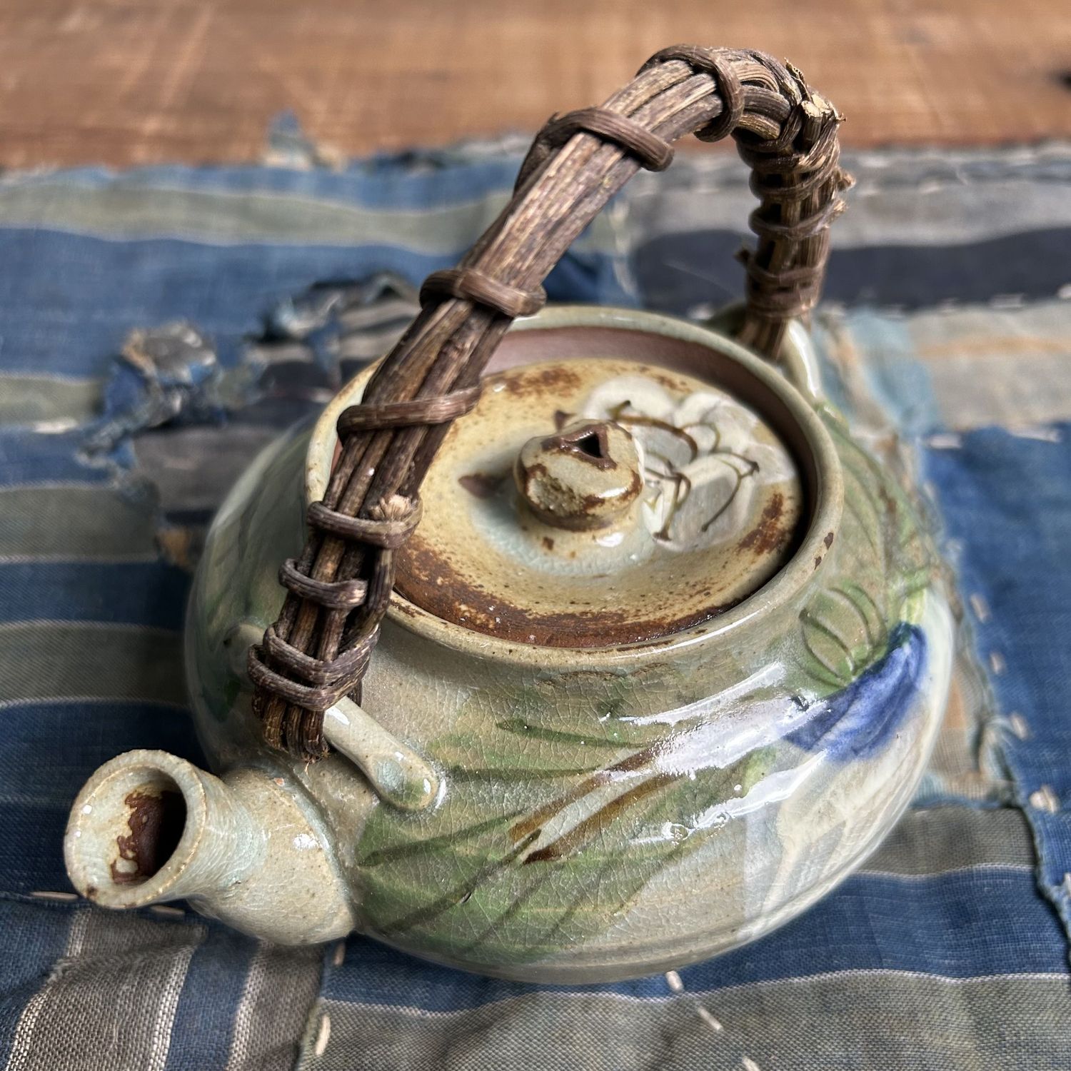 Beautiful Japanese Teapot, Oribe-yaki with Floral Design, 1950s.