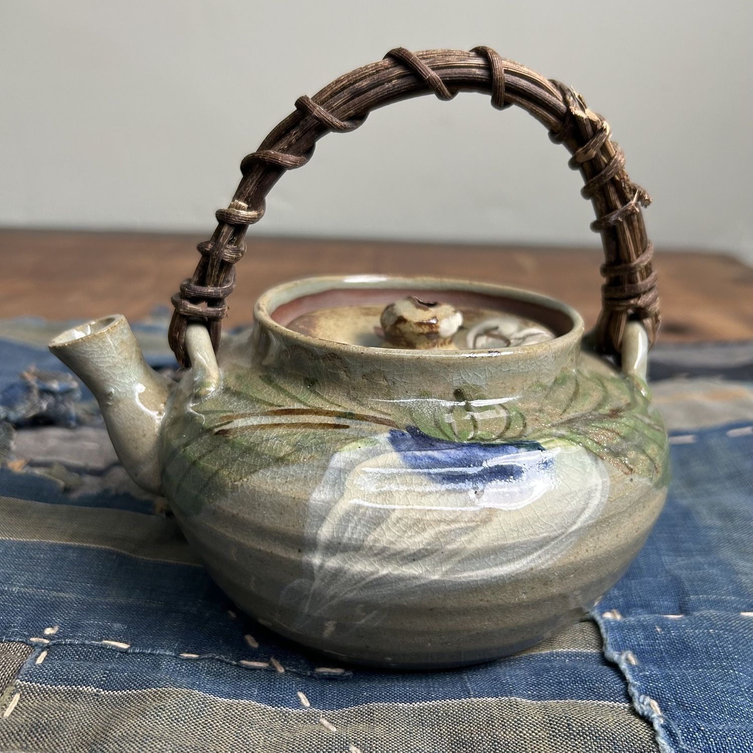 Beautiful Japanese Teapot, Oribe-yaki with Floral Design, 1950s.