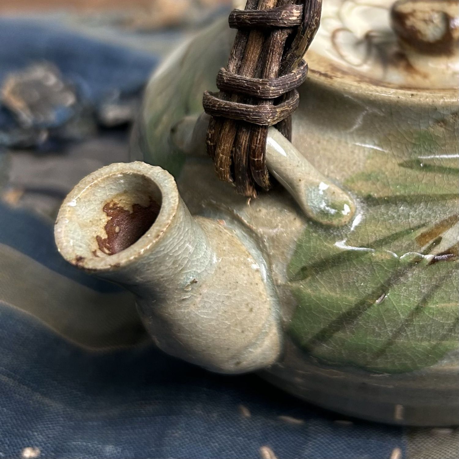 Beautiful Japanese Teapot, Oribe-yaki with Floral Design, 1950s.