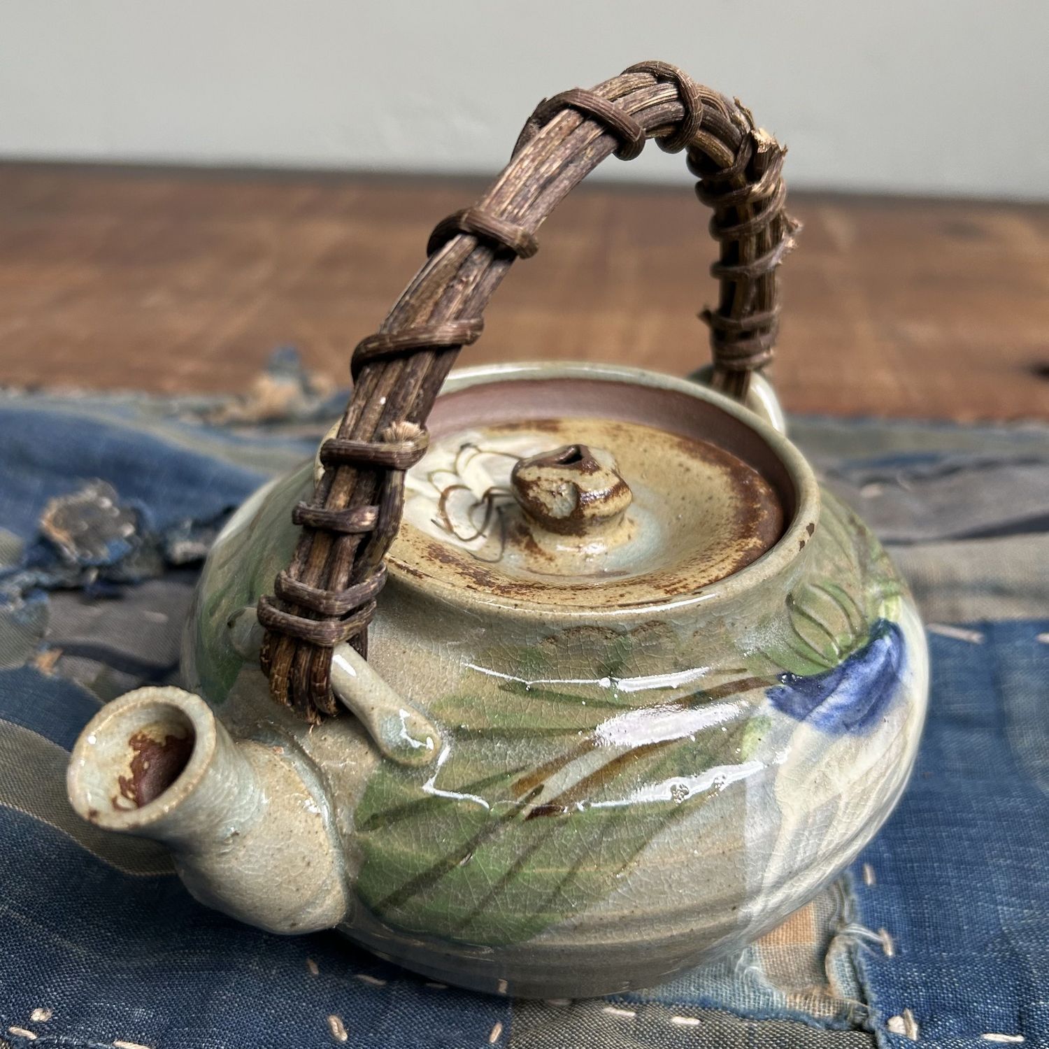 Beautiful Japanese Teapot, Oribe-yaki with Floral Design, 1950s.