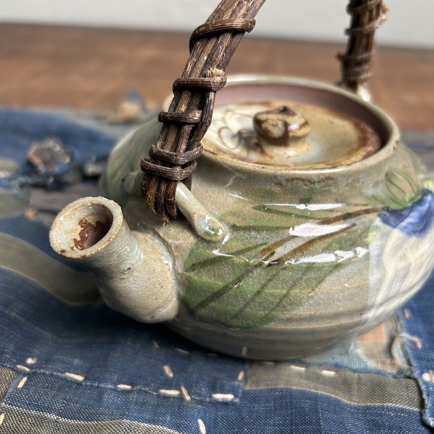 Beautiful Japanese Teapot, Oribe-yaki with Floral Design, 1950s.