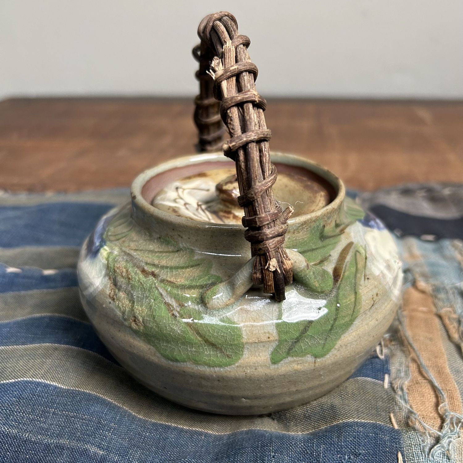 Beautiful Japanese Teapot, Oribe-yaki with Floral Design, 1950s.