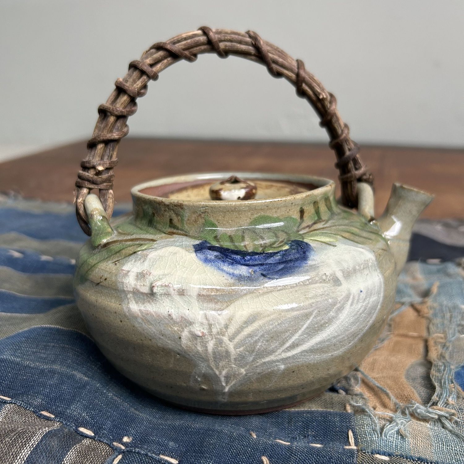 Beautiful Japanese Teapot, Oribe-yaki with Floral Design, 1950s.