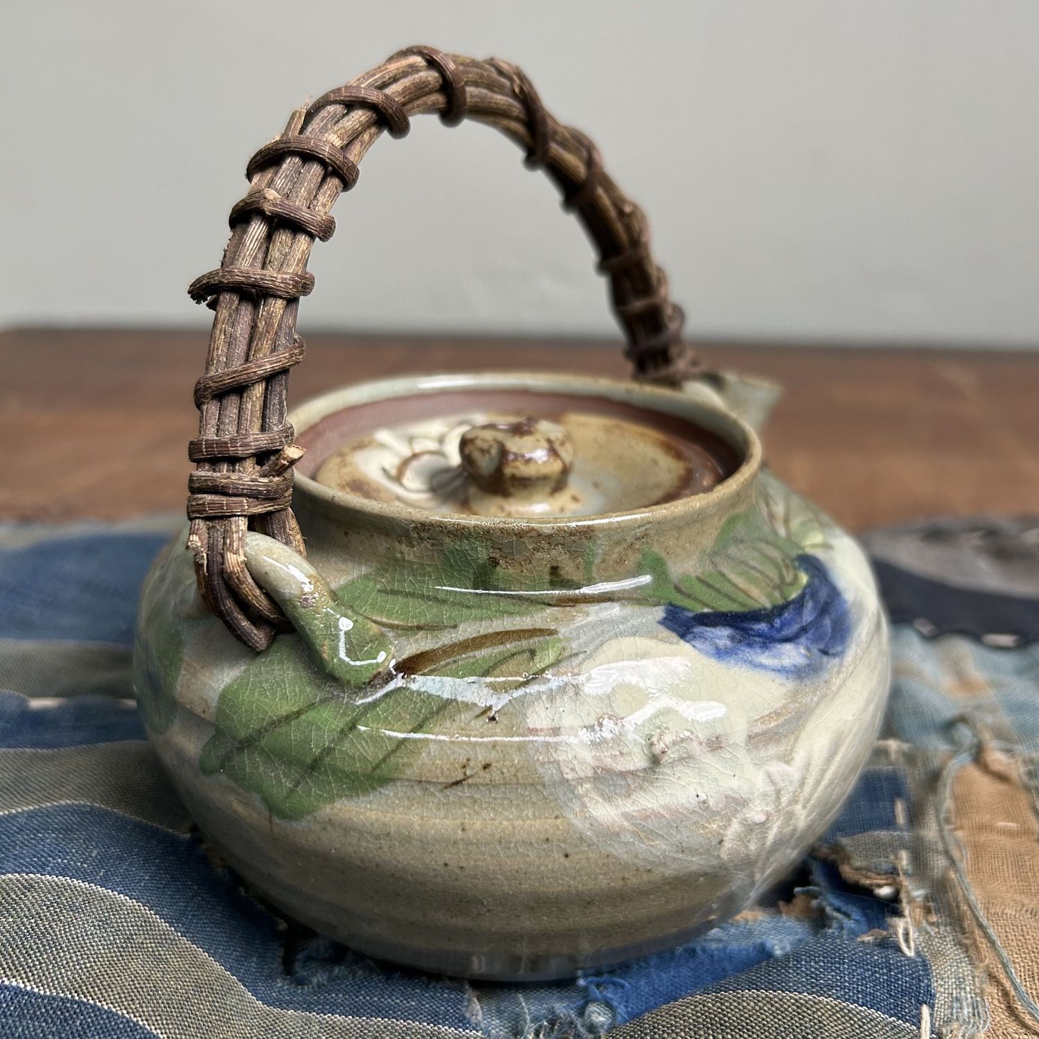 Beautiful Japanese Teapot, Oribe-yaki with Floral Design, 1950s.