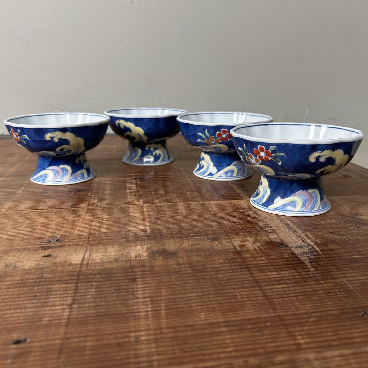 Set of Vintage Porcelain Japanese Kobachi, Foot Bowls, Arita, Japan.
