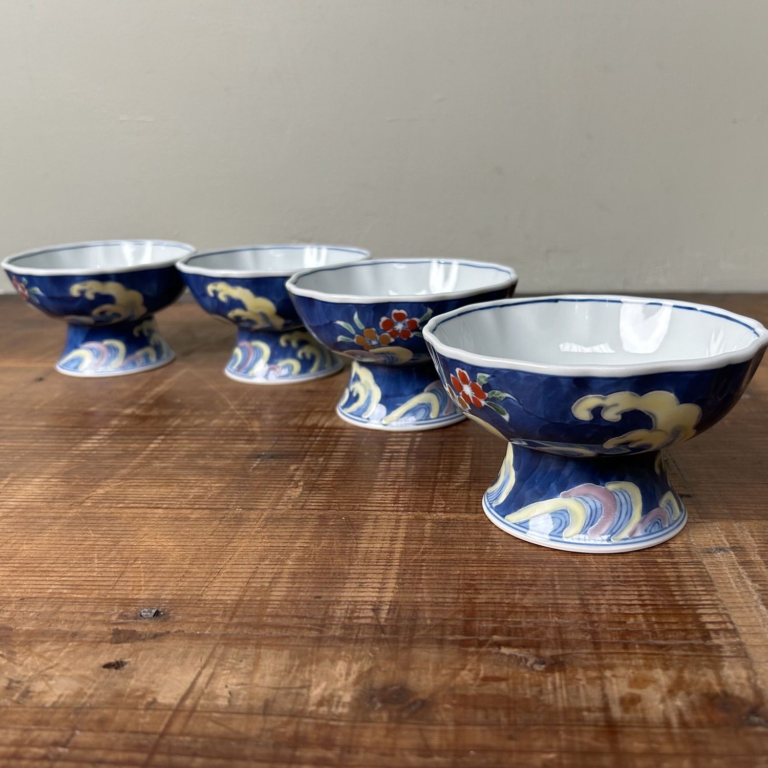 Set of Vintage Porcelain Japanese Kobachi, Foot Bowls, Arita, Japan.