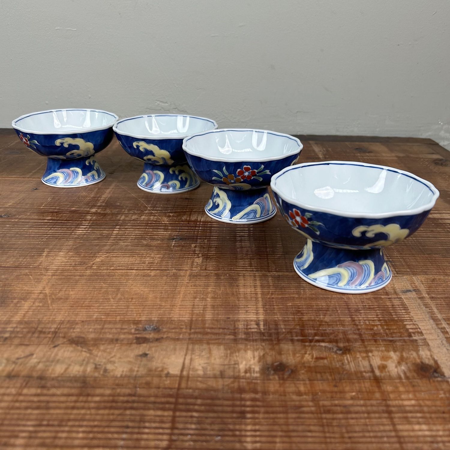 Set of Vintage Porcelain Japanese Kobachi, Foot Bowls, Arita, Japan.