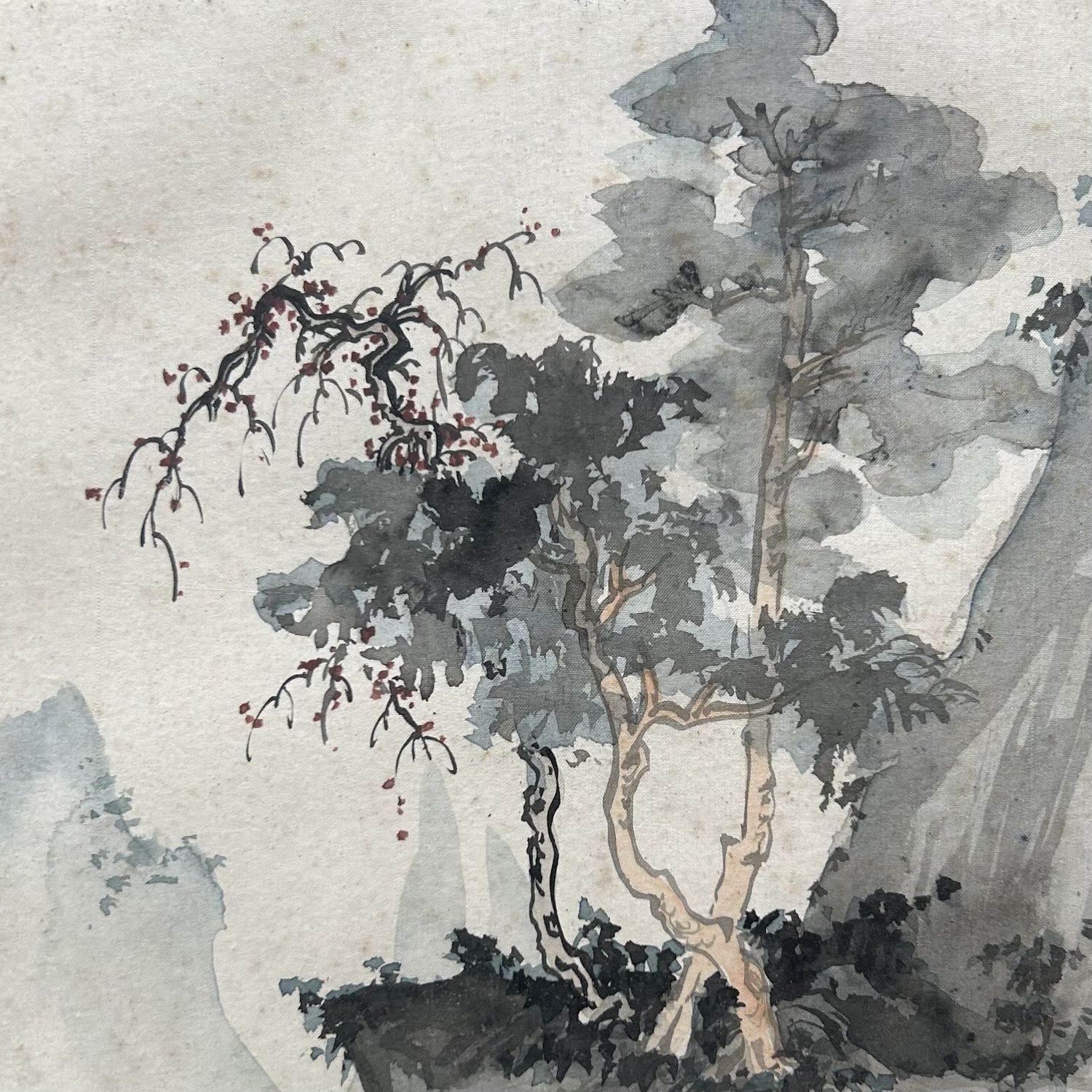 Set van 2 Antieke Japanse Berglandschap Schilderijen, jaren '20.