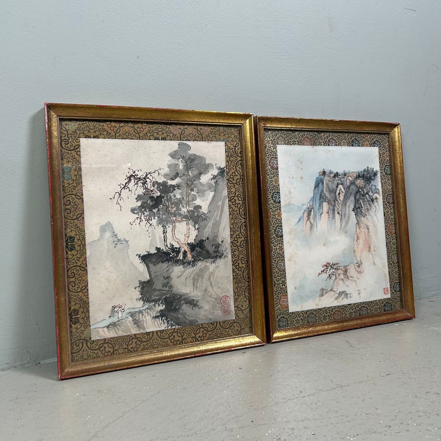 Set van 2 Antieke Japanse Berglandschap Schilderijen, jaren '20.