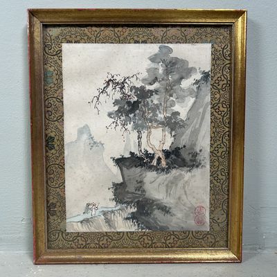Set of 2 Antique Japanese Mountain Landscape Paintings, 1920s.