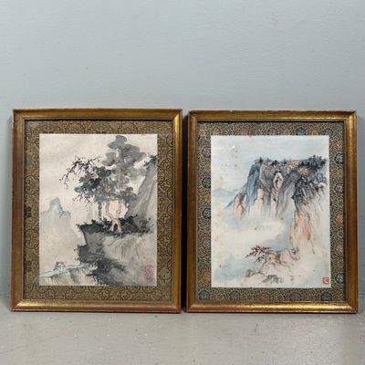 Set of 2 Antique Japanese Mountain Landscape Paintings, 1920s.