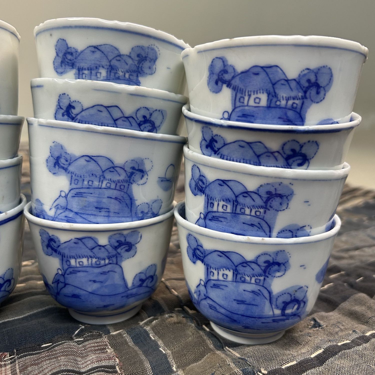 Antique Set of 18 Hand-Painted Edo Period Japanese Yunomi Teacups.