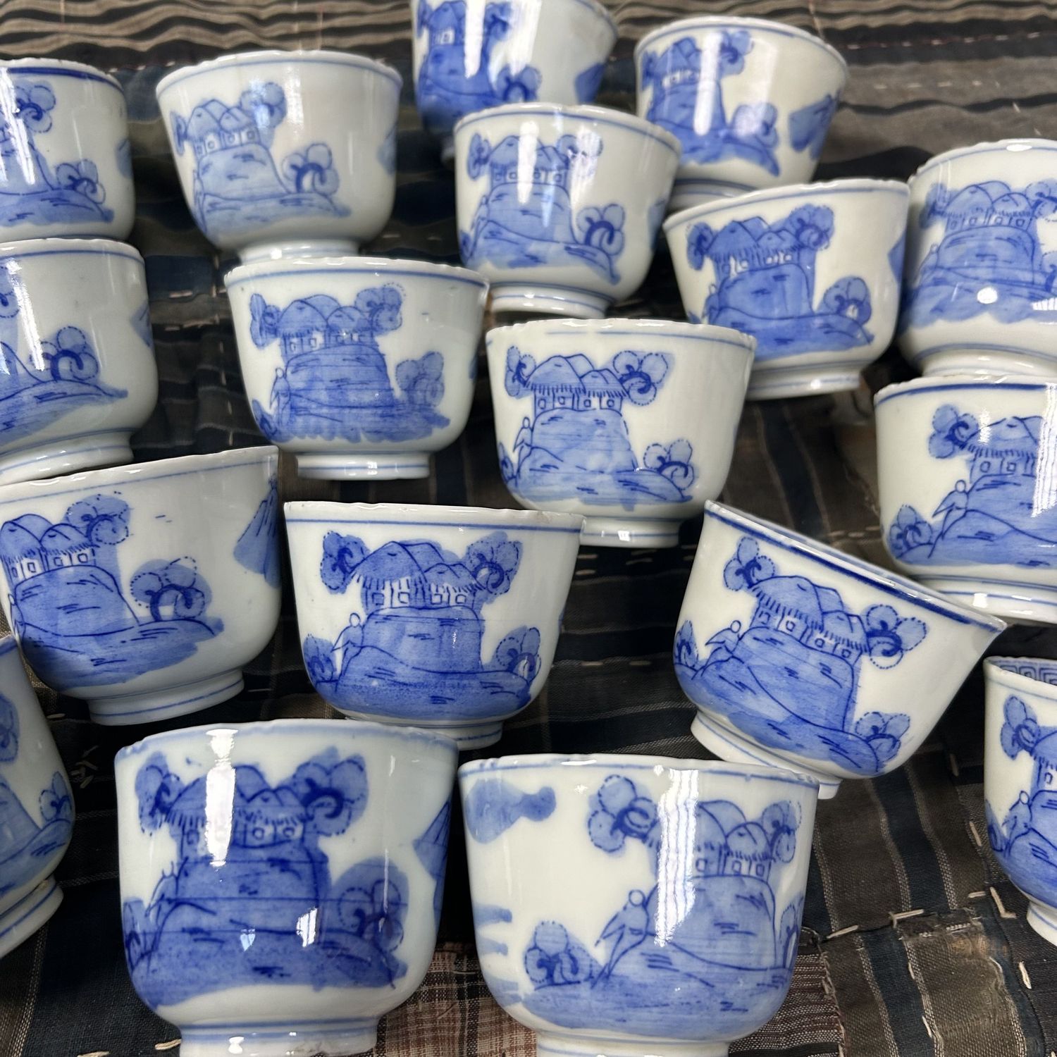 Antique Set of 18 Hand-Painted Edo Period Japanese Yunomi Teacups.