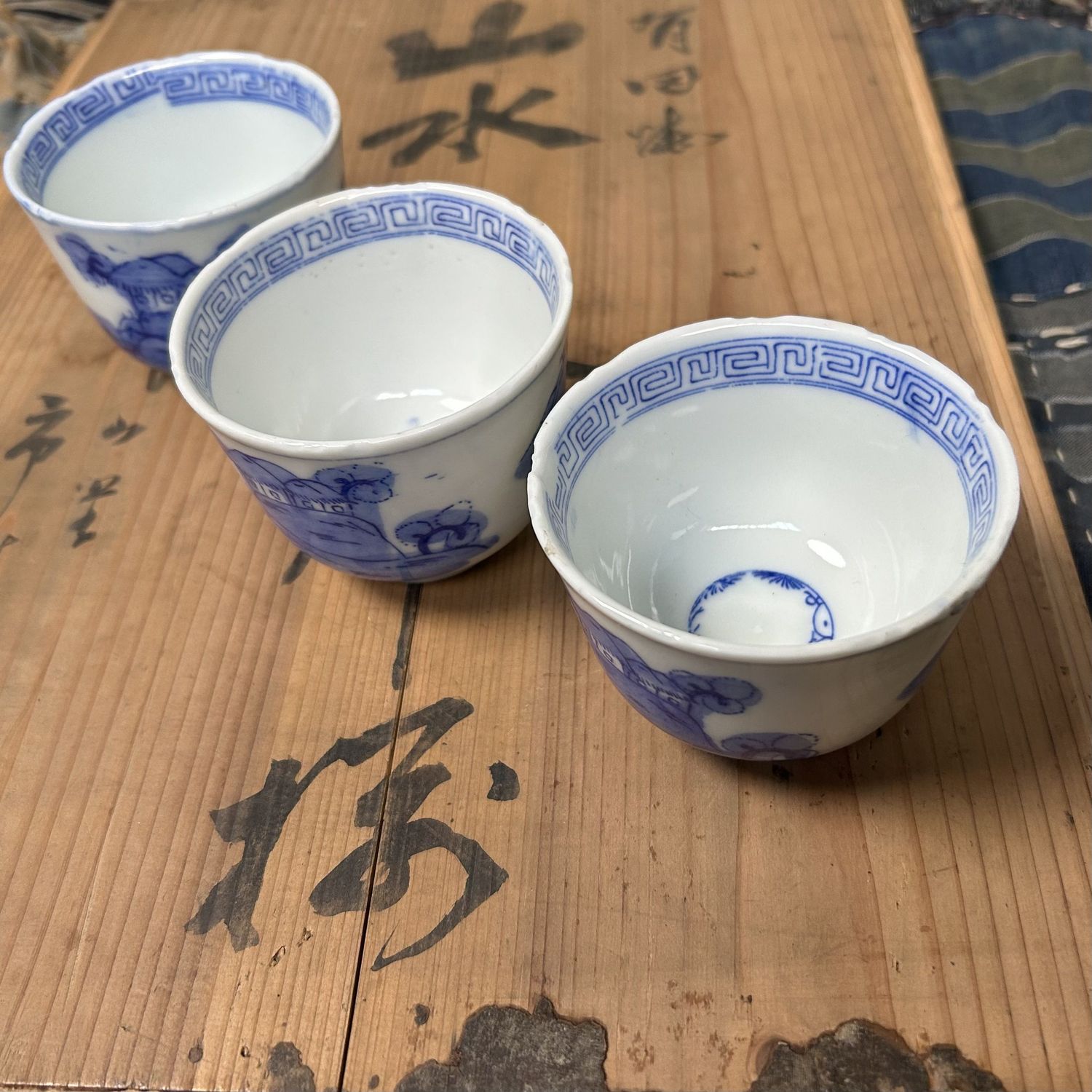 Antique Set of 18 Hand-Painted Edo Period Japanese Yunomi Teacups.