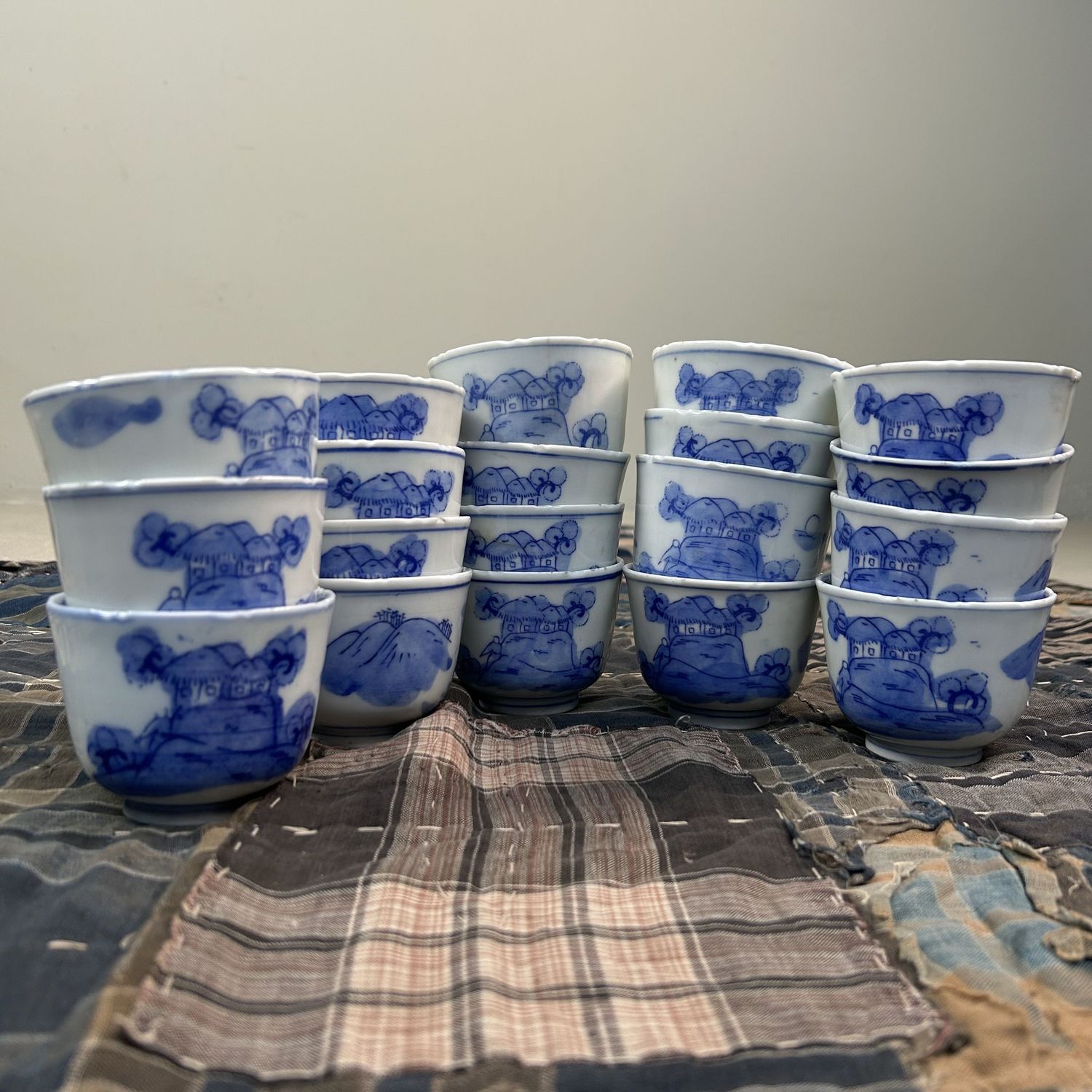 Antique Set of 18 Hand-Painted Edo Period Japanese Yunomi Teacups.