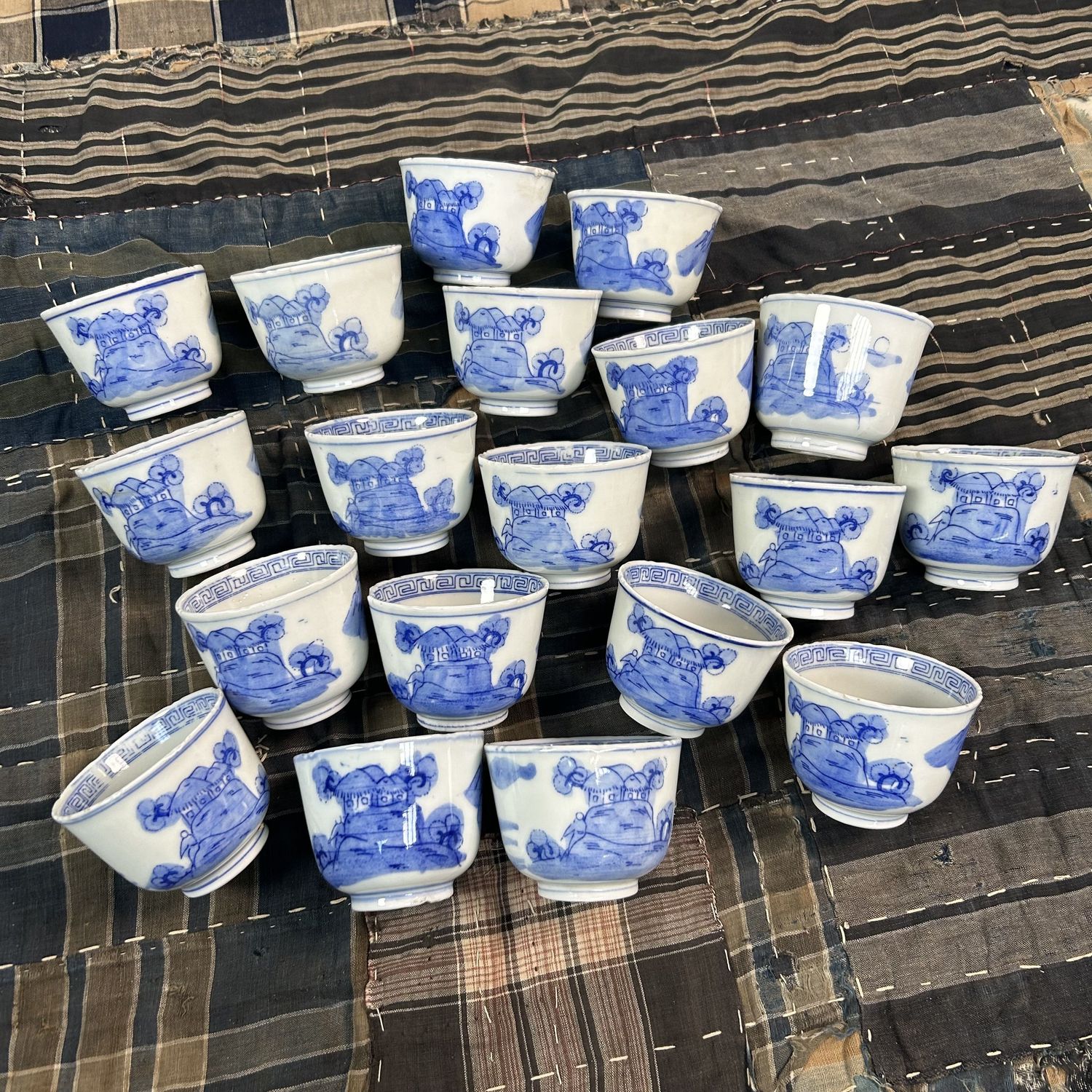 Antique Set of 18 Hand-Painted Edo Period Japanese Yunomi Teacups.