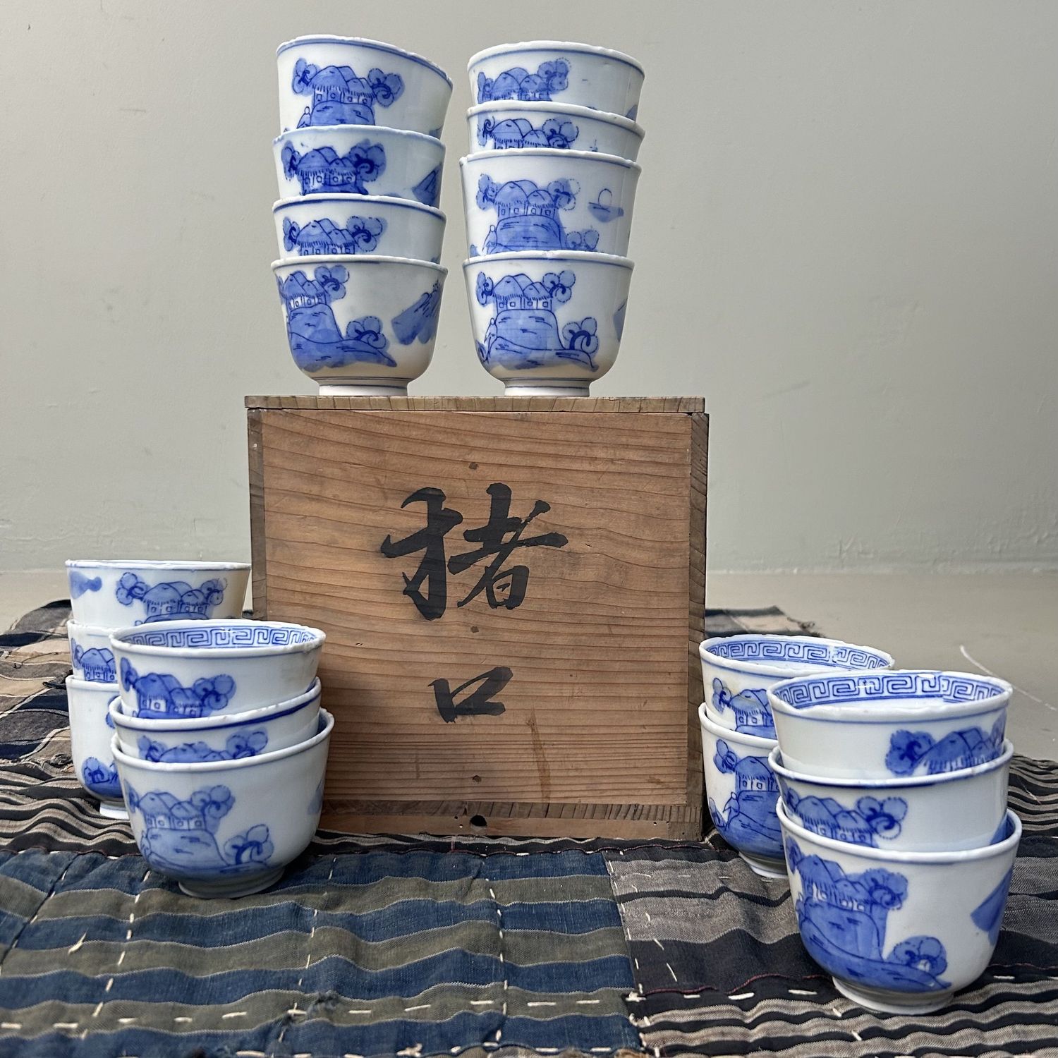Antique Set of 18 Hand-Painted Edo Period Japanese Yunomi Teacups. Antique Set of 18 Hand-Painted Edo Period Japanese Yunomi Teacups.