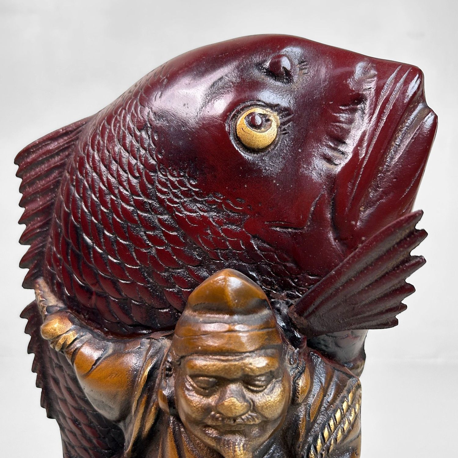 Japanese Cast-Iron Statue of Ebisu with Sea Bream, 1920s, Taishō Period.