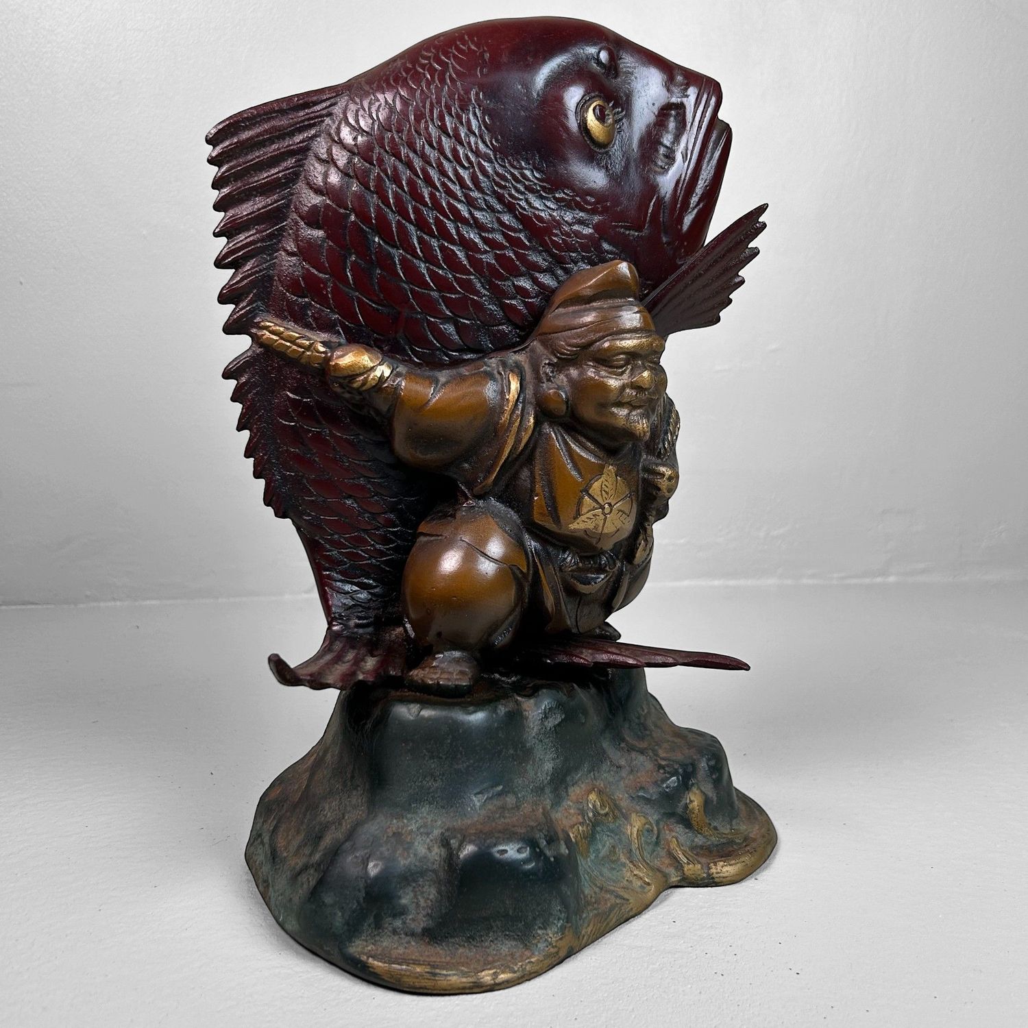 Japanese Cast-Iron Statue of Ebisu with Sea Bream, 1920s, Taishō Period.