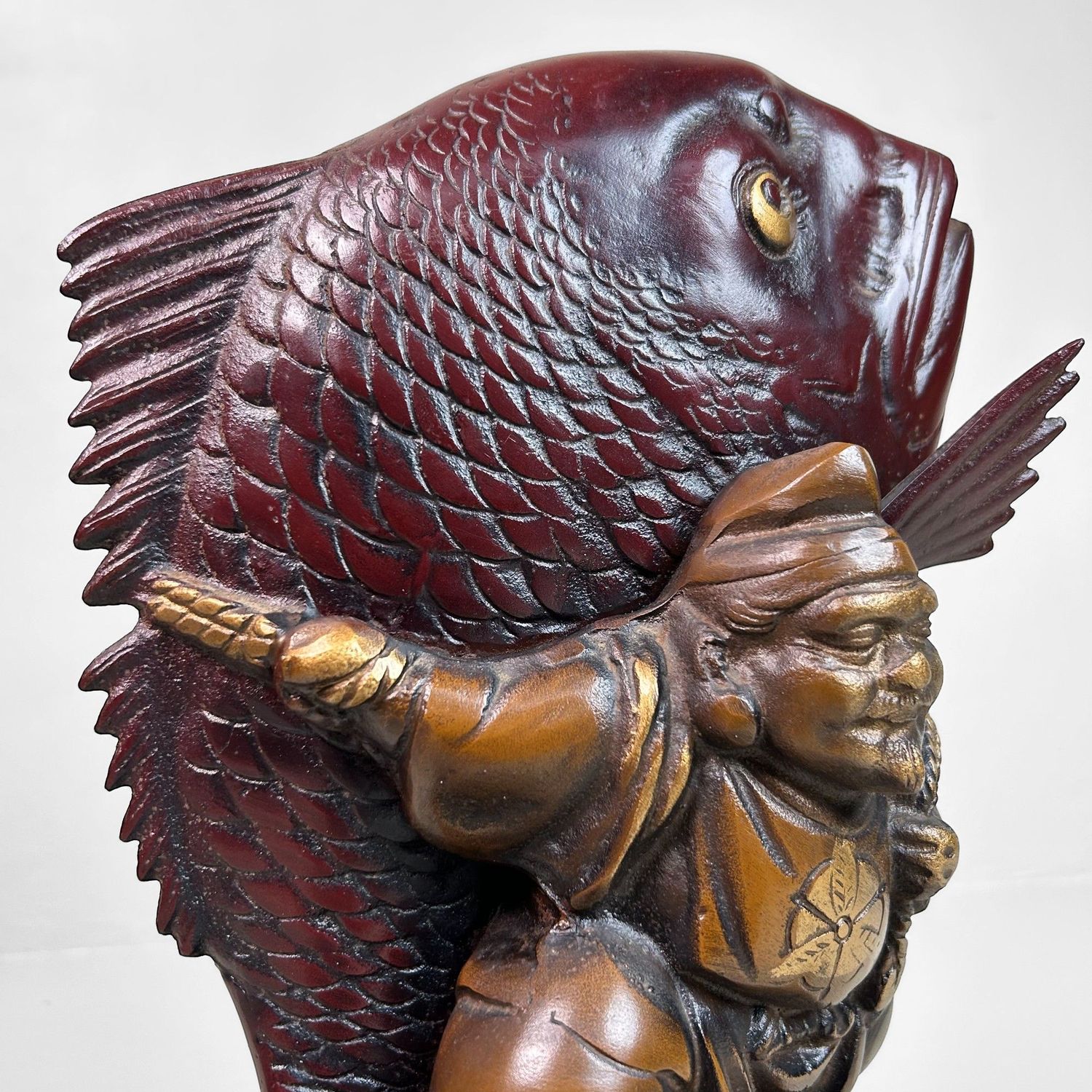 Japanese Cast-Iron Statue of Ebisu with Sea Bream, 1920s, Taishō Period.