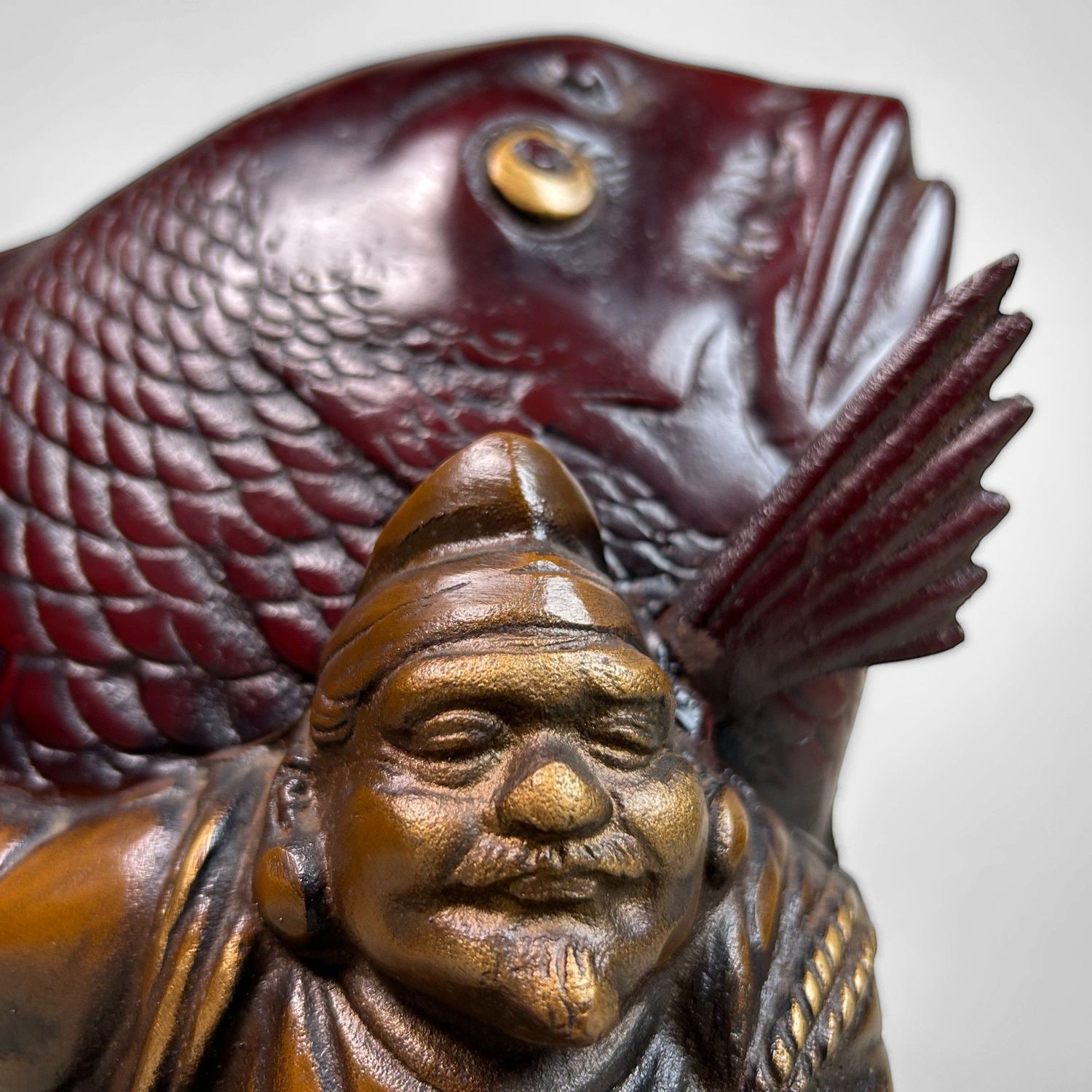Japanese Cast-Iron Statue of Ebisu with Sea Bream, 1920s, Taishō Period.