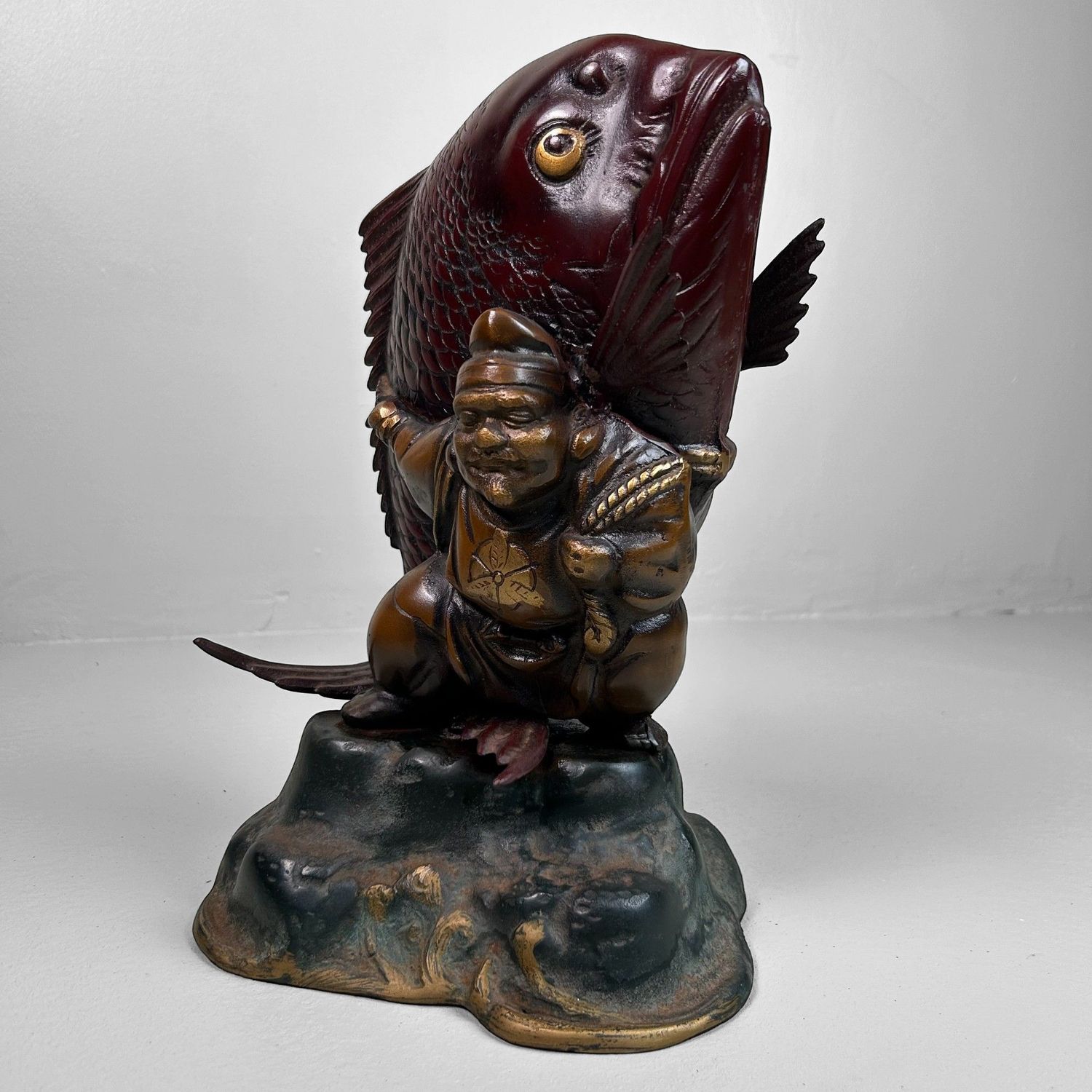 Japanese Cast-Iron Statue of Ebisu with Sea Bream, 1920s, Taishō Period.