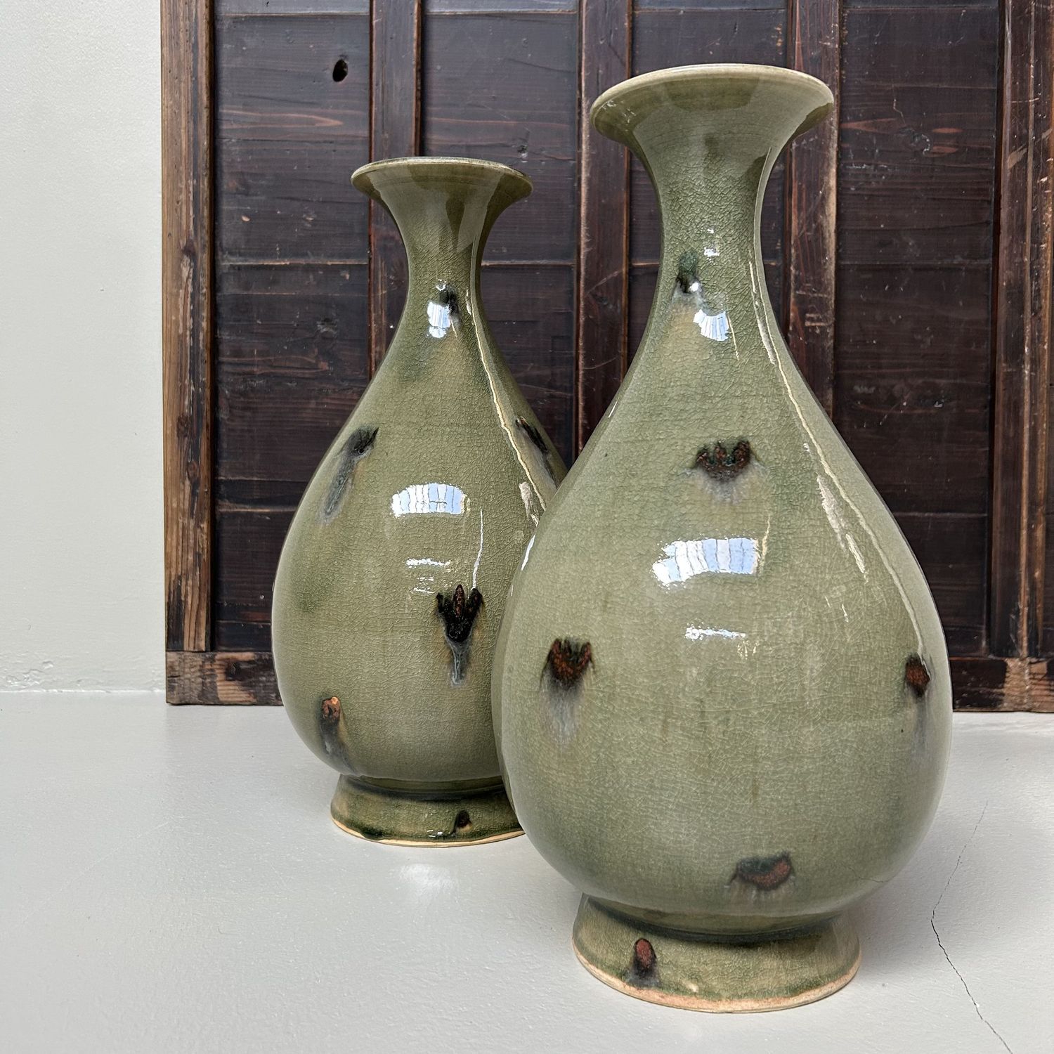 Set of Japanese Spotted Celadon Flower Vases, Noma Gazan, 1960s.