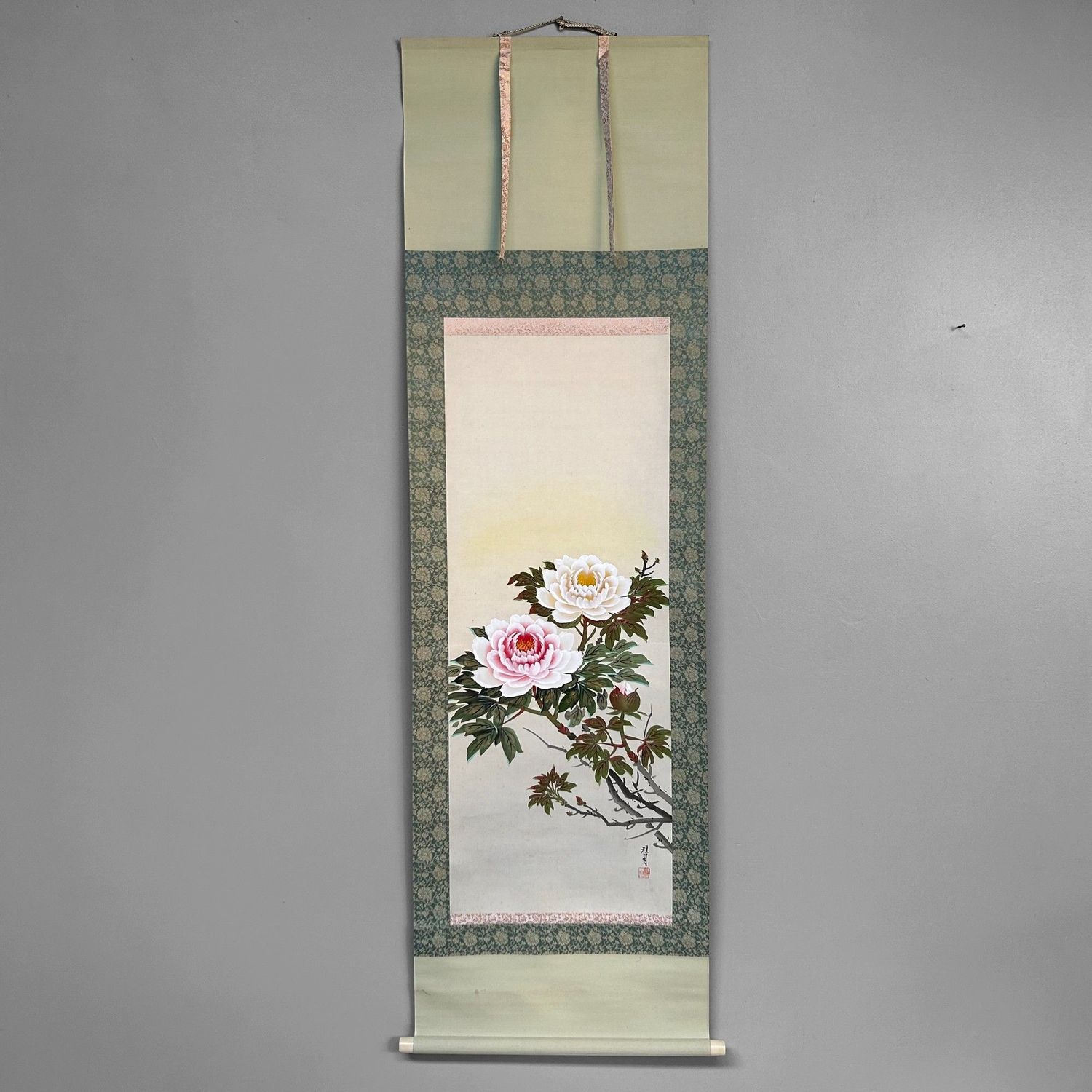 Japanese Kakejiku, Hand-Painted Flower Scroll, Shōwa Period.