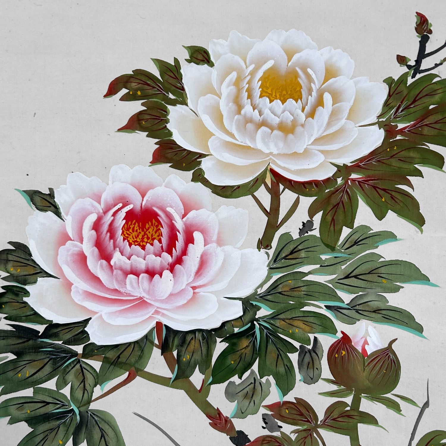 Japanese Kakejiku, Hand-Painted Flower Scroll, Shōwa Period.