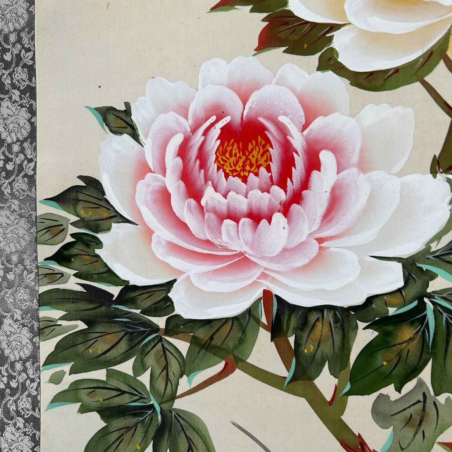 Japanese Kakejiku, Hand-Painted Flower Scroll, Shōwa Period.