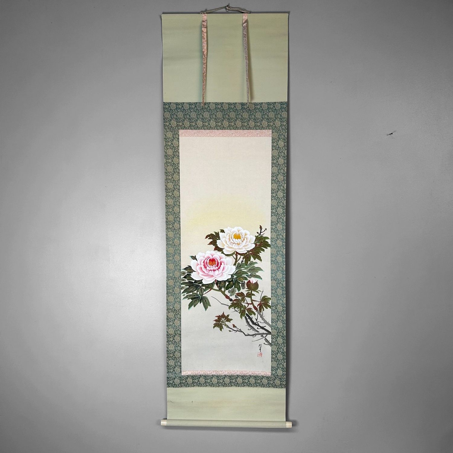 Japanese Kakejiku, Hand-Painted Flower Scroll, Shōwa Period.
