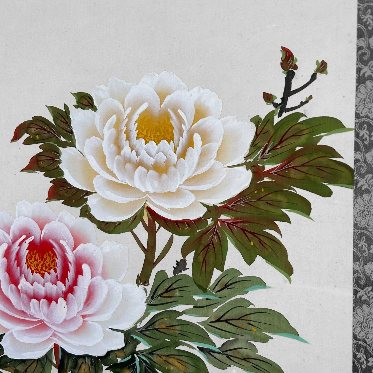 Japanese Kakejiku, Hand-Painted Flower Scroll, Shōwa Period.