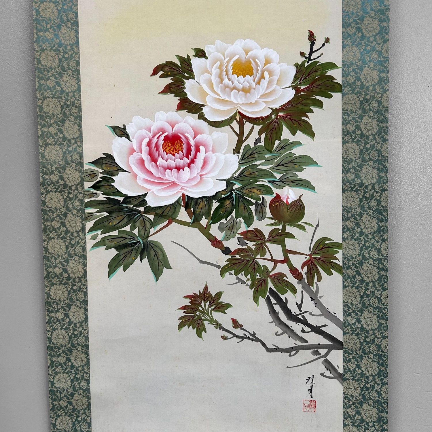 Japanese Kakejiku, Hand-Painted Flower Scroll, Shōwa Period.