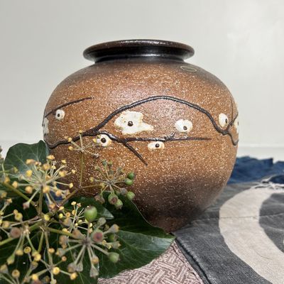 Japanese Ceramic Ikebana Flower Vase, 'Sakura', Shigaraki, 1970s.