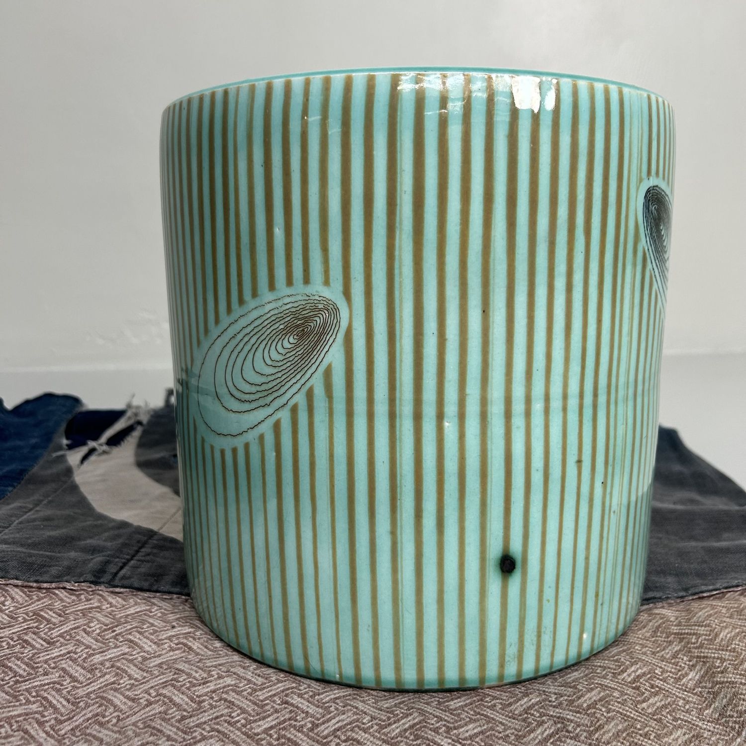 Vintage Hibachi, Plant Stand, Turquoise Glazed Ceramic, Japan, 1970s.
