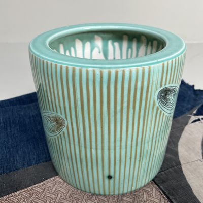 Vintage Hibachi, Plant Stand, Turquoise Glazed Ceramic, Japan, 1970s.