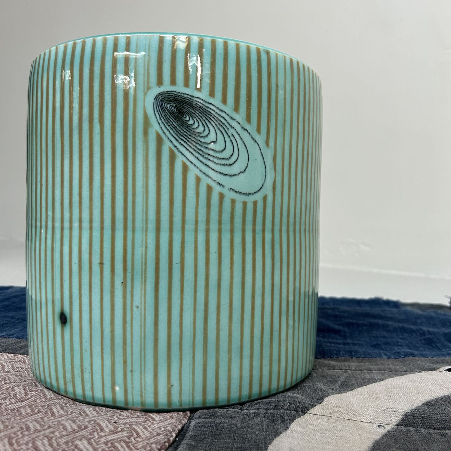 Vintage Hibachi, Plant Stand, Turquoise Glazed Ceramic, Japan, 1970s.