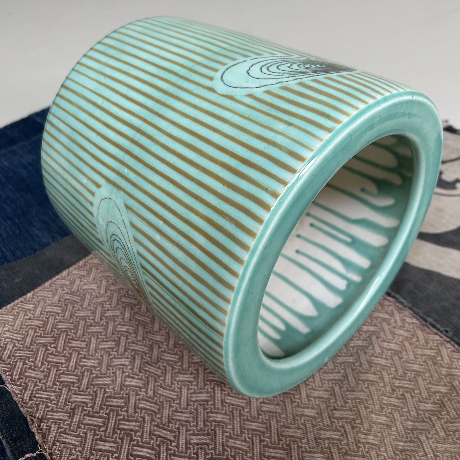 Vintage Hibachi, Plant Stand, Turquoise Glazed Ceramic, Japan, 1970s.