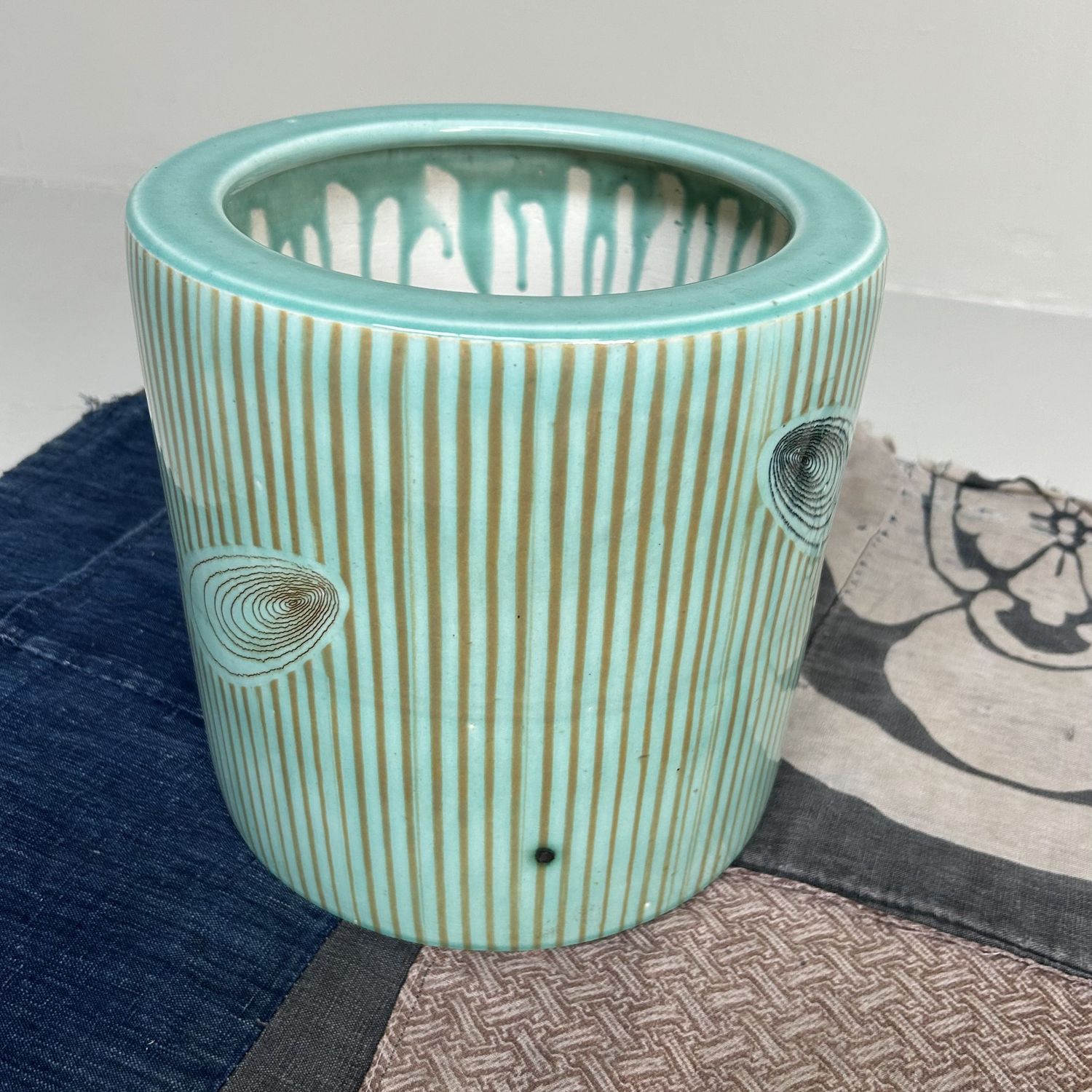 Vintage Hibachi, Plant Stand, Turquoise Glazed Ceramic, Japan, 1970s.