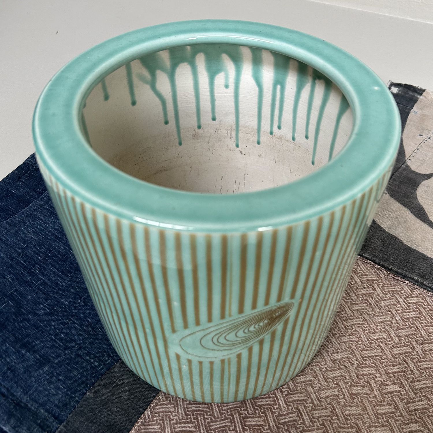 Vintage Hibachi, Plant Stand, Turquoise Glazed Ceramic, Japan, 1970s.