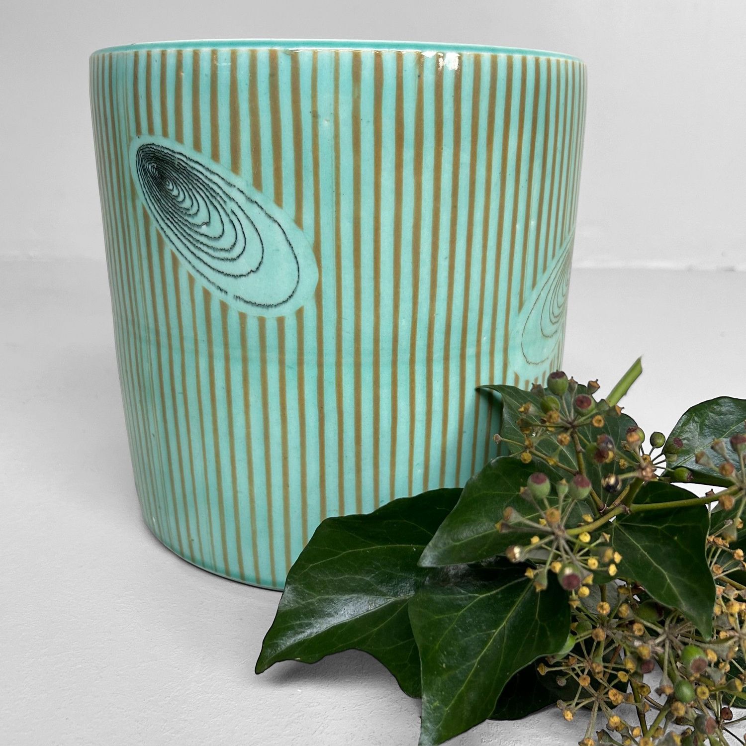 Vintage Hibachi, Plant Stand, Turquoise Glazed Ceramic, Japan, 1970s.