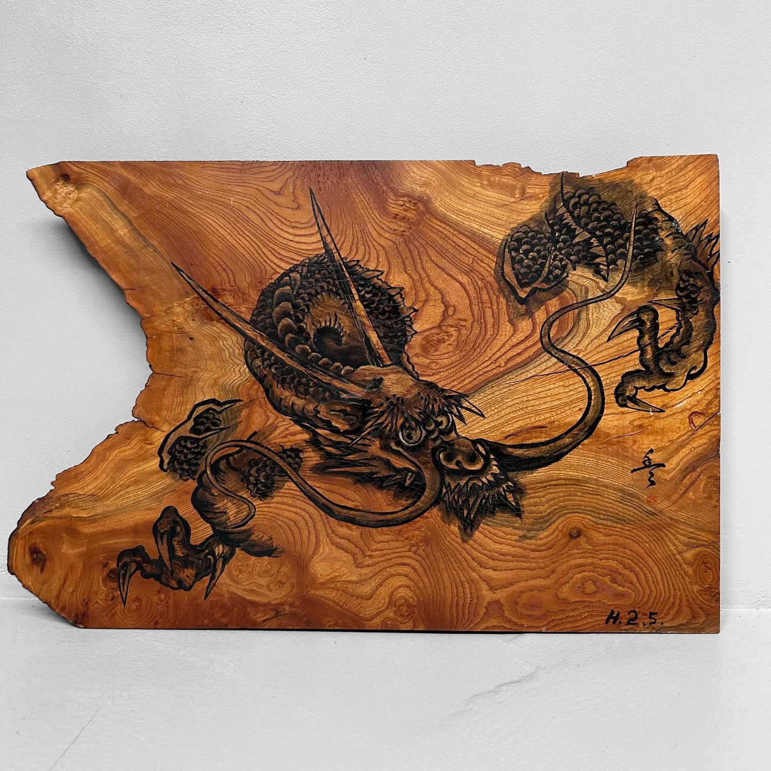 Wooden Japanese Wall Art with Dragon Painting, 1990.