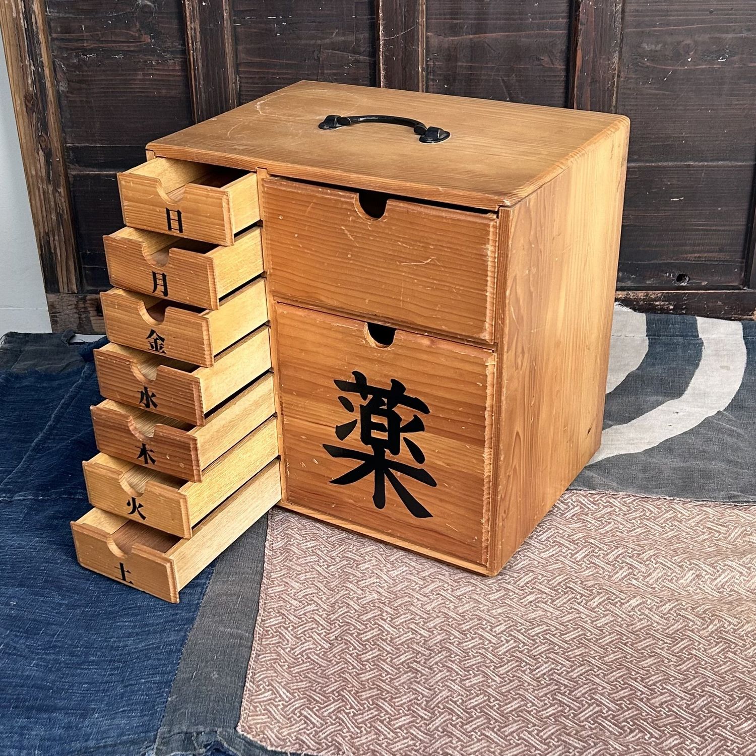 Vintage Shōwa Era Japanese Medicine Cabinet – Wooden Organizer.
