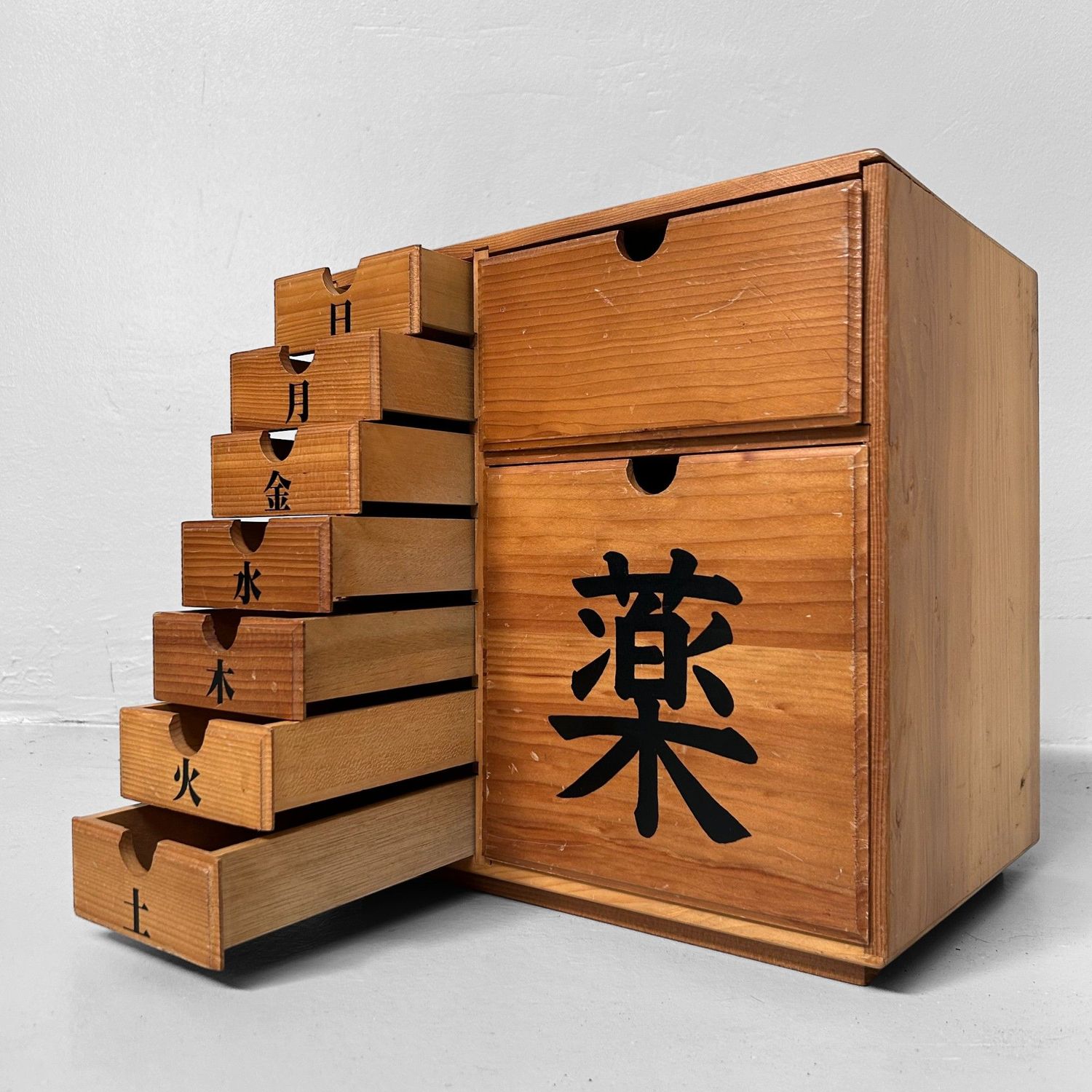 Vintage Shōwa Era Japanese Medicine Cabinet – Wooden Organizer.