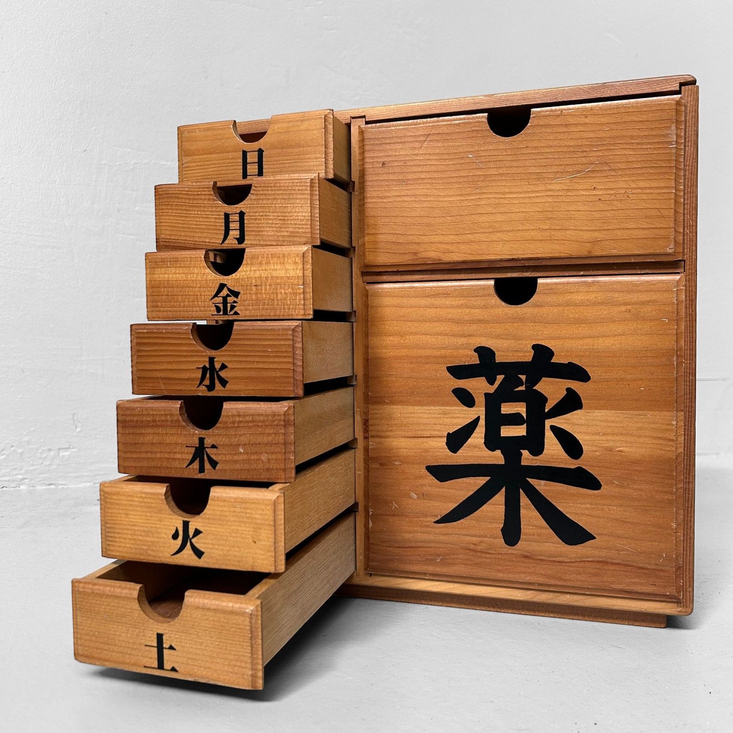 Vintage Shōwa Era Japanese Medicine Cabinet – Wooden Organizer.