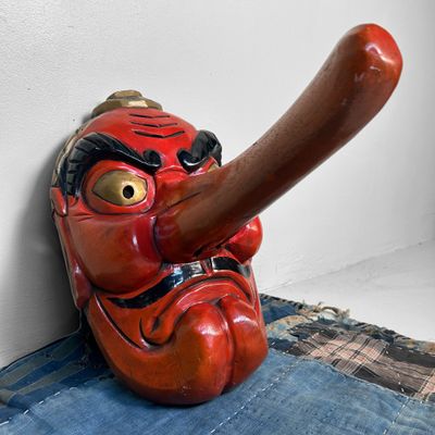 Vintage Hand-Carved Tengu Mask, Japan, 1950s.