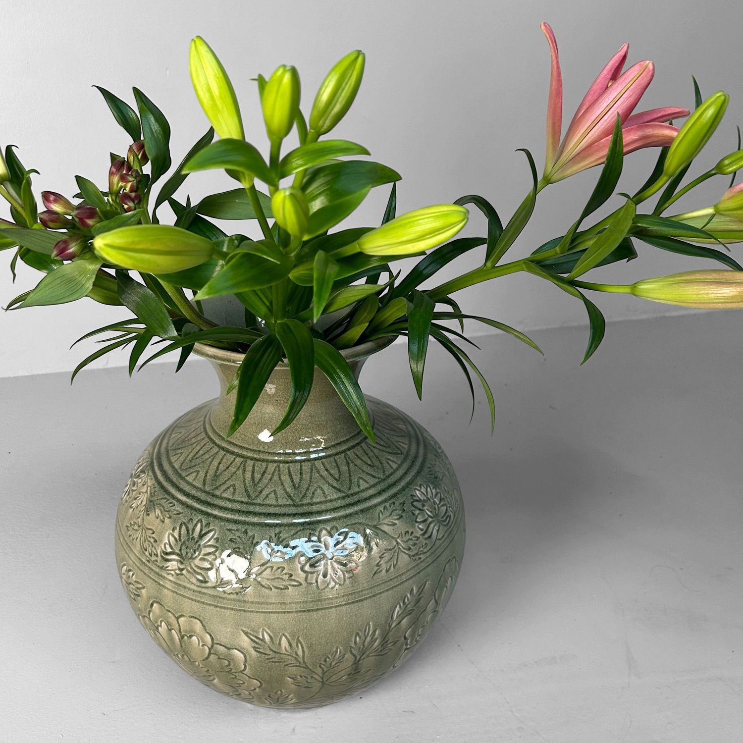 Japanse Celadon Ikebana Bloemenvaas door Noma Gazan, jaren '60.