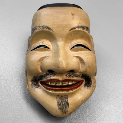 Vintage Japanese Ebisu Mask, Wooden Lucky God Wall Art.