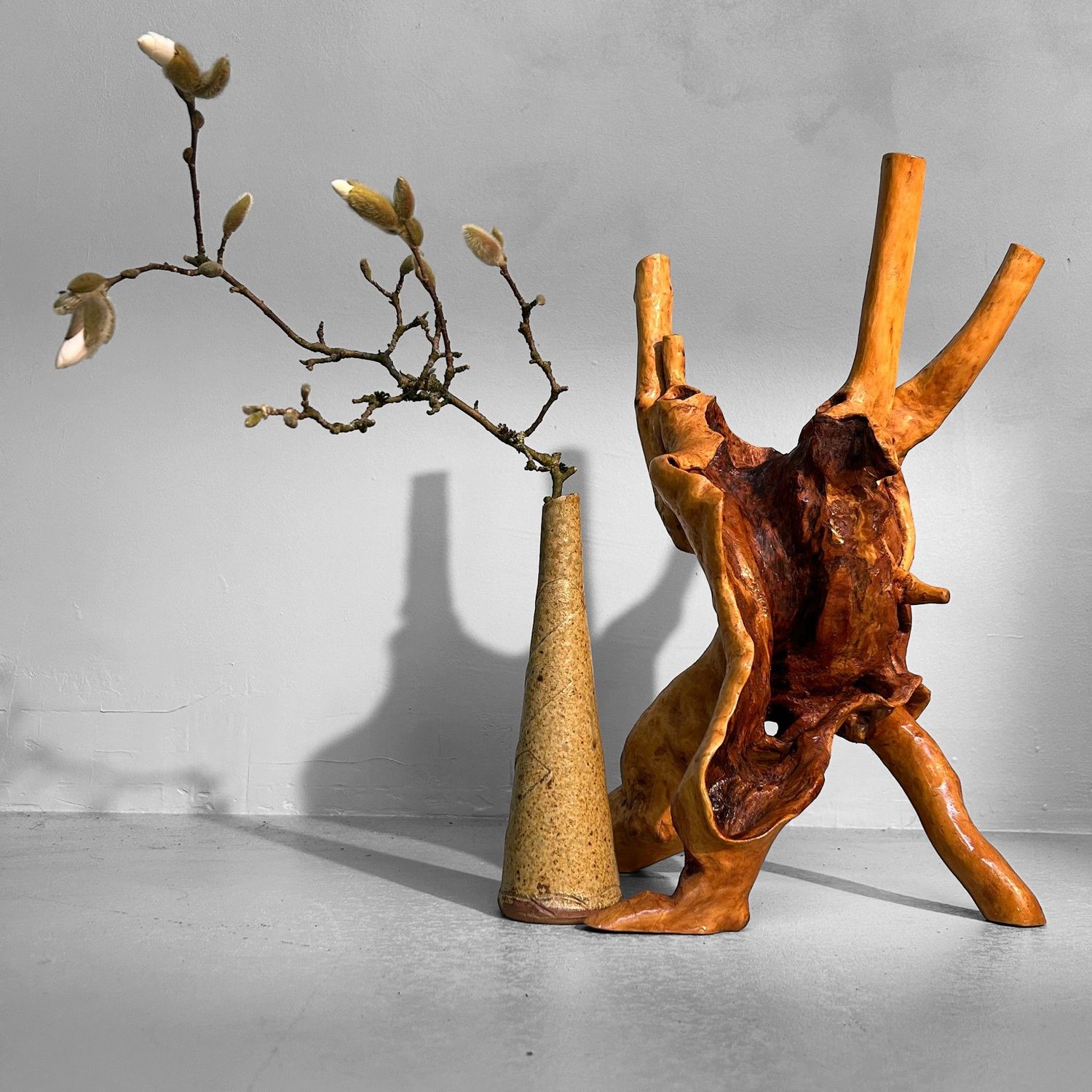 Japanse Tsuge Burl Wood Decoratie, Wabi-Sabi Ikebana, Taishō periode.