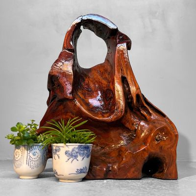Antique Japanese Burlwood Ikebana Stand - Natural Tsuge Root Art, 1920s